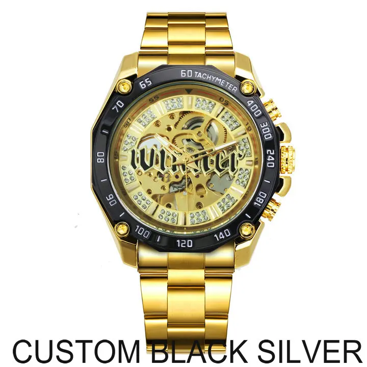 Победитель Скелет автоматические механические часы для мужчин алмаз Iced Out панк мужские s часы бренд класса люкс Золотой стальной ремешок наручные часы - Цвет: CUSTOM BLACK SILVER