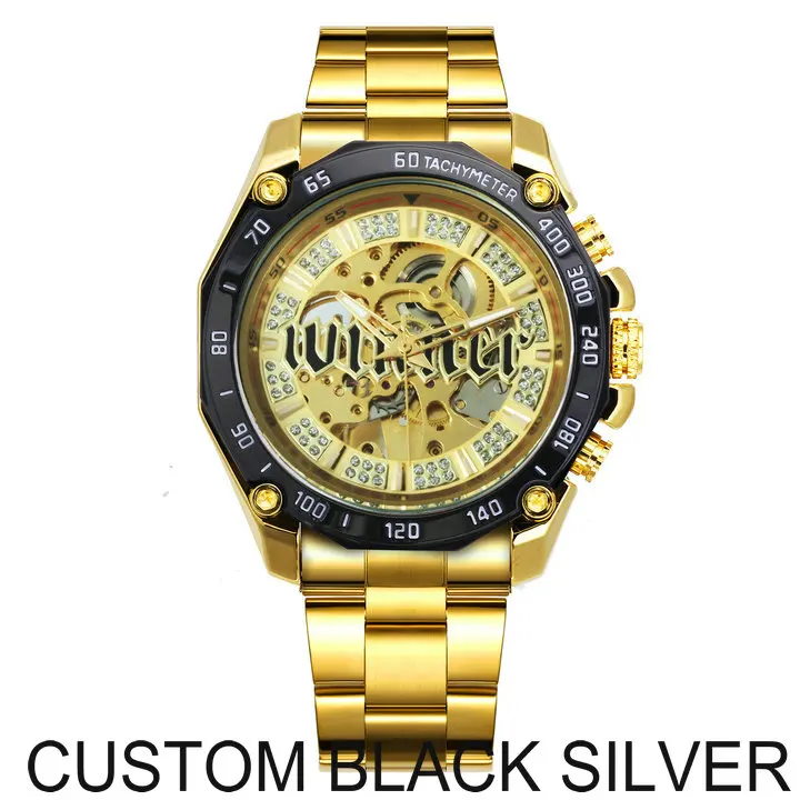 CUSTOM BLACK SILVER Победитель Скелет автоматические механические часы для мужчин алмаз Iced Out панк мужские s часы бренд класса люкс Золотой стальной ремешок наручные часы - Цвет: CUSTOM BLACK SILVER