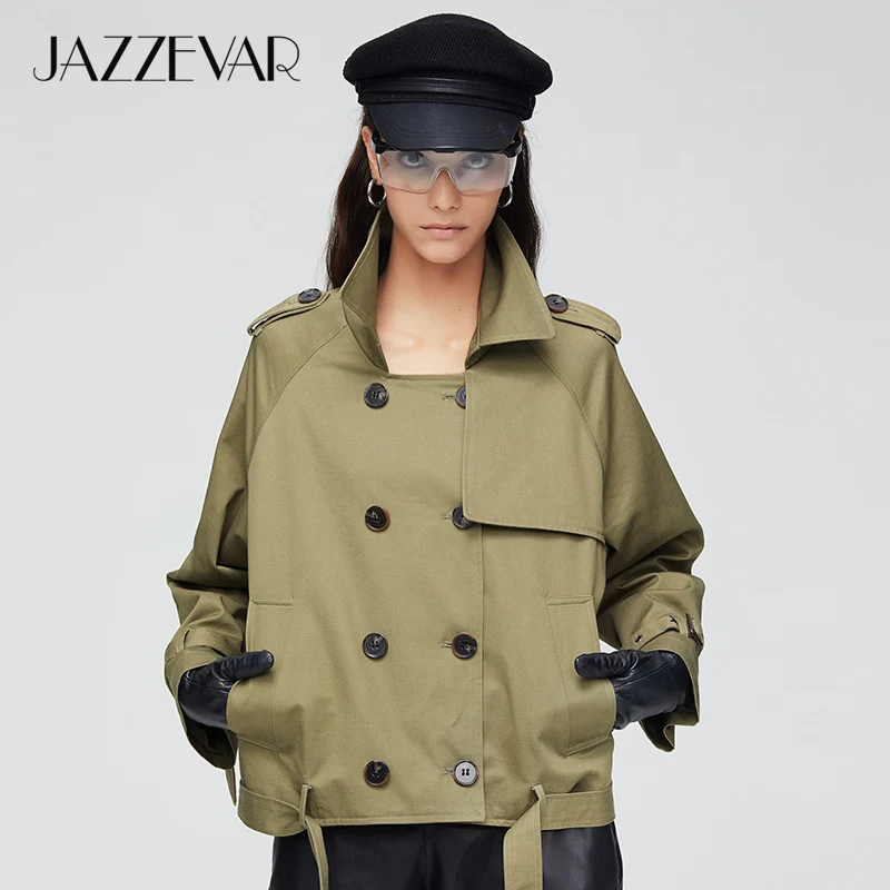 Kopen JAZZEVAR 2019 Nieuwe collectie herfst trenchcoat vrouwen mode katoen double breasted korte losse kleding bovenkleding 9018