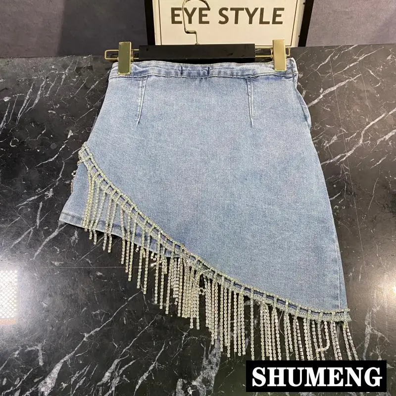 2020 Summer Streetwear Skirt New Fashion Women Sexy High Waist Rhinestone Chain Tassel Denim Slim Irregular Jeans Skirts | Женская