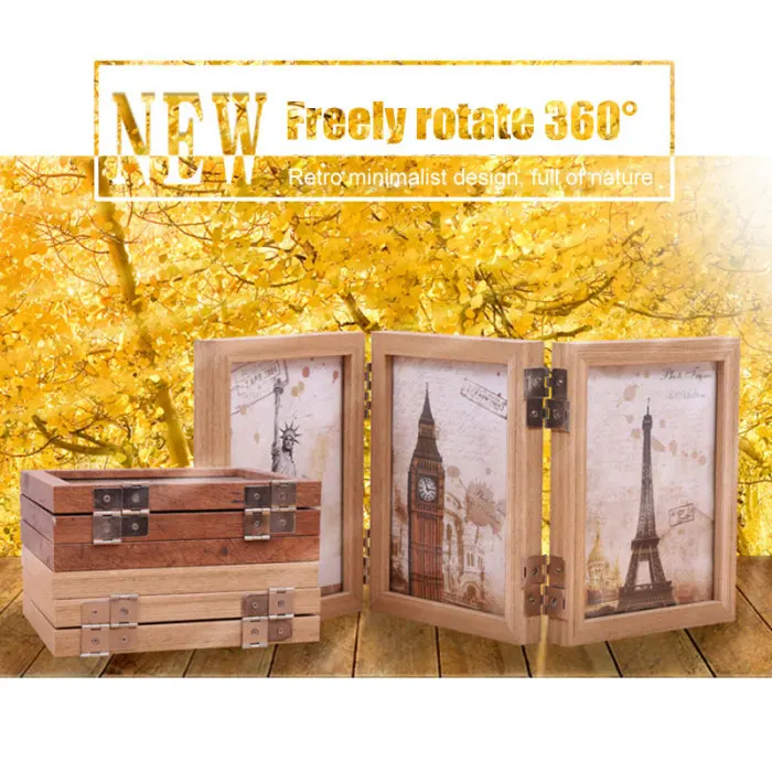Tri-fold Wooden Photo Frame Folding Retro Tabletop Decoration for Home Office@LS
