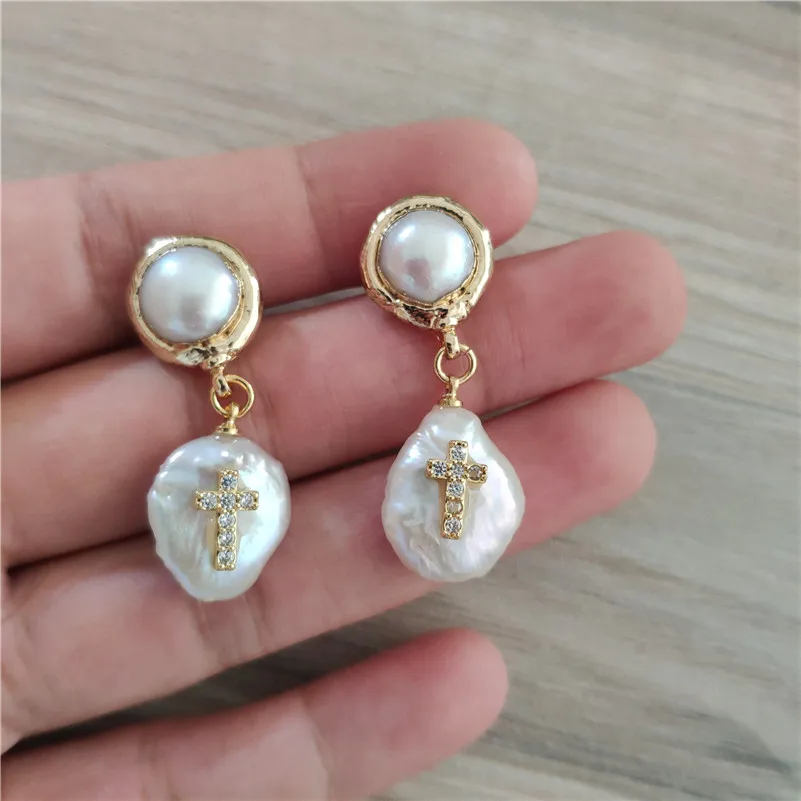 

white cz cubic zirconia paved tiny gold religious cross charm natural freshwater pearl beads dangle earring for women