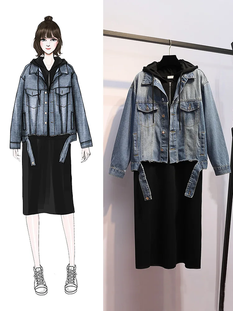 

Women Clothes Large Size Women's Autumn and Winter Solid Color Female Clothes Set Two-sets Denim Jacket Cover Belly Dress Women