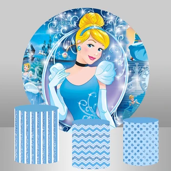 

Round Circle Backdrop Cartoon Princess Cinderella Background Party Table Cover Blue Wall Girls Backdrops Photo Studio Vinyl