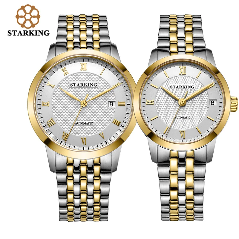 Gold couple watches STARKING парные часы, автоматические часы с кожаным ремешком, Римский циферблат, 28800 Beats, механические наручные часы для влюбленных, Relogios Masculinos - Цвет: Gold couple watches