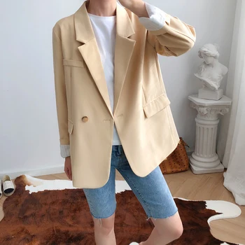 

HLHPYHB Women Casual Blazer Coat Cool Lady Classic Basic Suit Jacket Retro Loose Boyfriend Outerwear Autumn Female Tops Surcoat