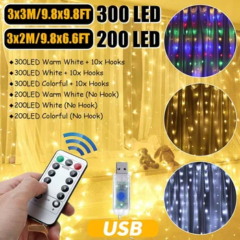 

200/300 LED 5V Copper Wire Icicle USB Curtain Light Strings with Remote Controller for Home Christmas Fairy Lights String Gaden