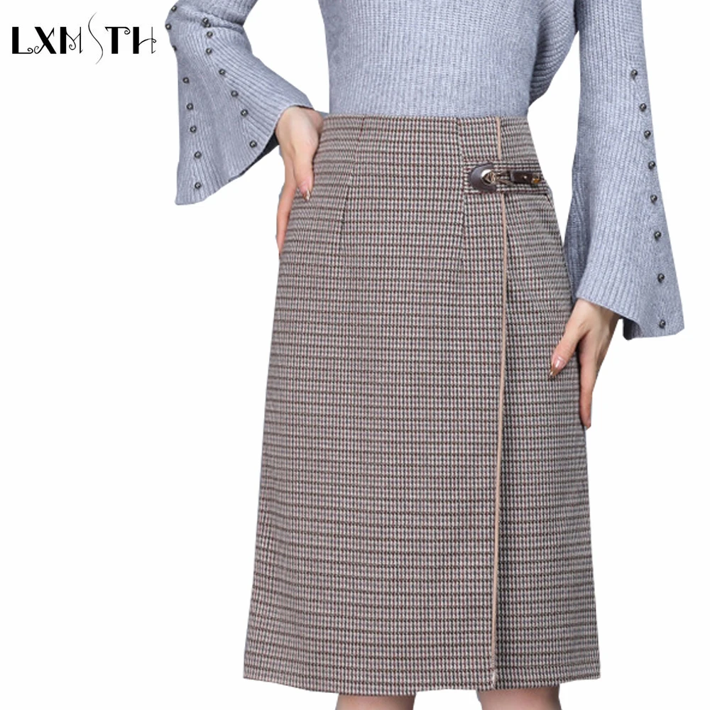 

LXMSTH A Line Plaid Skirt Women Fall Winter New Back Slit Casual Knee Length Woolen Skirts England Style Large Size Woolen Skirt
