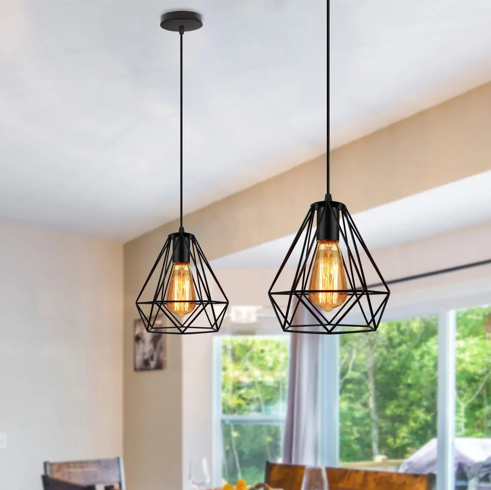 Modern Industrial Vintage Pendant Light Iron Cage Diamond Pyramid Lamp Home Pendant Hanging Lighting for Restaurant Living Room afbeelding