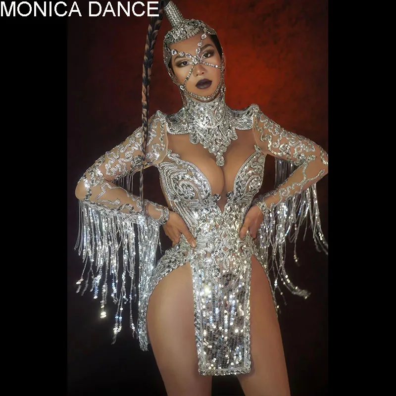 Sexy Shining Silver Sequins Tassel Party Dress Women Nightclub Deep V Perspective Fringes High Slit Dance Stage | Тематическая