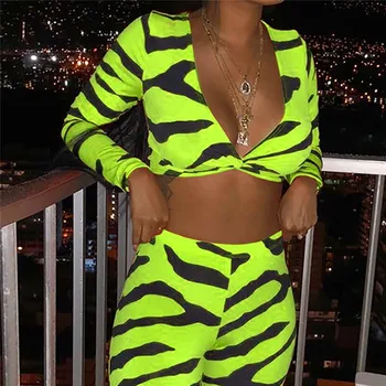 

Sexy Print Women Set Deep V-Neck Long Sleeve Cropped Tops+High Waist Pencil Pants 2pcs Sets Women Suits Female