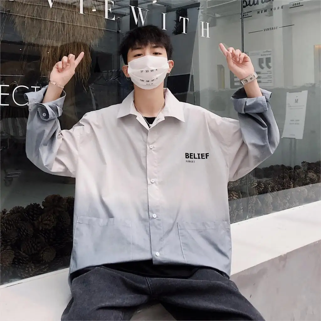 Privathinker Мужская летняя градиентная рубашка с длинными рукавами Мужская Дизайнерская Молодежная рубашка мужская уличная цветная одежда осенние Топы - Цвет: Gray(AsianSize)