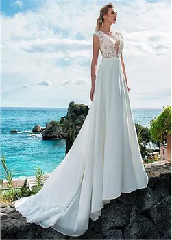 

Scoop Neck Lace Appliques Top A-Line Wedding Dresses See Through Back Custom Made Bridal Dress Women Beach