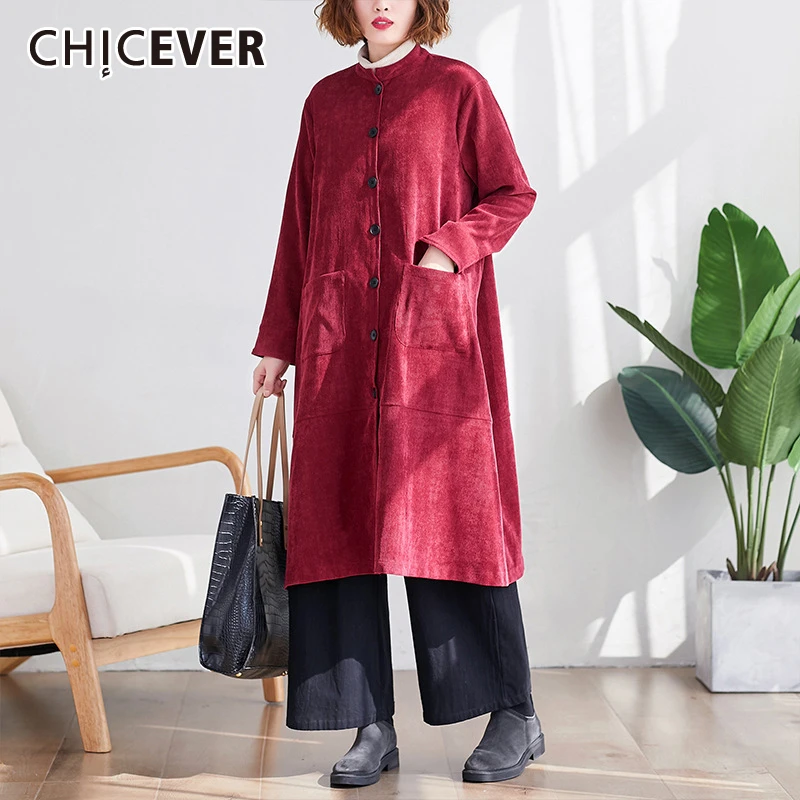 CHICEVER винтажная Вельветовая куртка для женщин воротник стойка с длинным рукавом размера плюс свободный Женский Тренч Новая Осенняя модная одежда