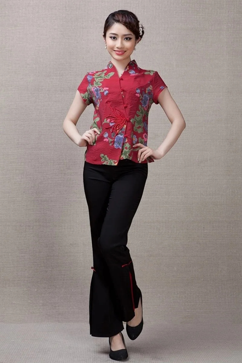 Женские китайские топы, Цветочная рубашка Ципао, топ с коротким рукавом, китайский традиционный Топ, льняная китайская блузка для женщин TA2129