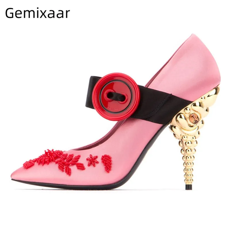 Милые Розовые атласные женские туфли на массивном каблуке с украшением в виде цветов и кристаллов; Узкие женские туфли-лодочки с квадратным носком и заклепками; Zapatos