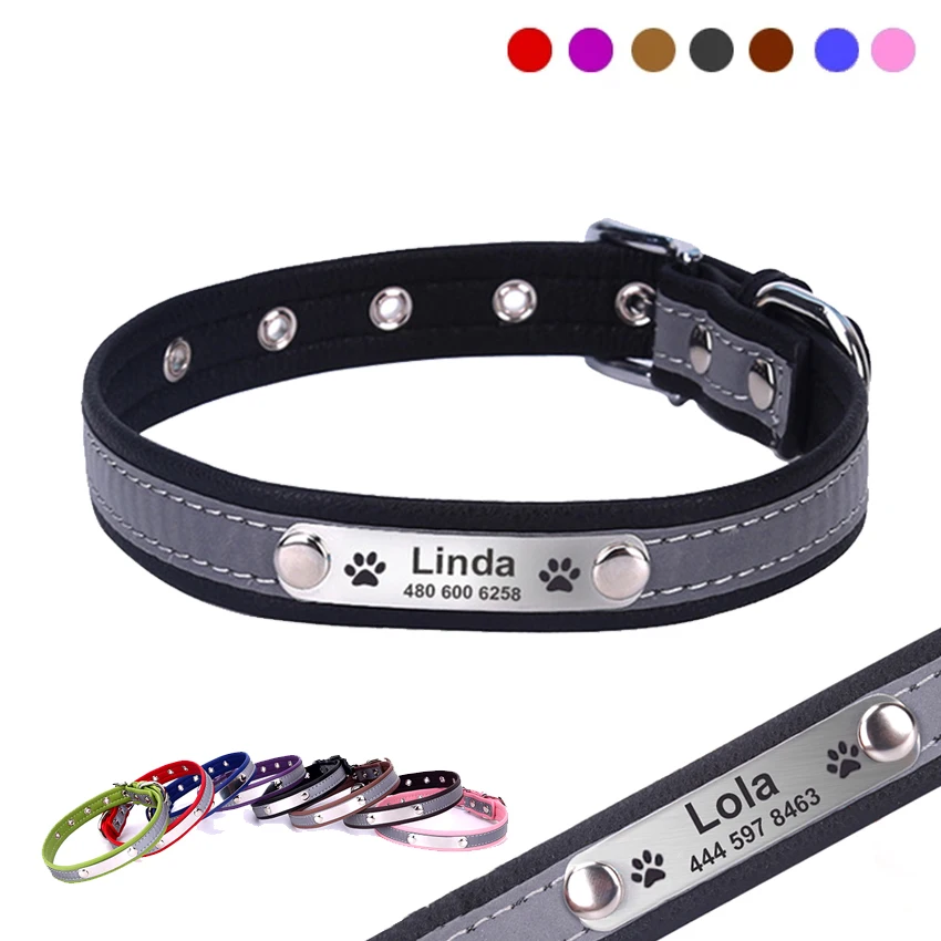 Collar de perros de piel sintética personalizado, reflectante, gato, grabado personalizado, etiqueta de identificación, grabado para cachorro, perros grandes, accesorios para mascotas