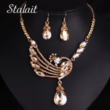 Свадебные золотые ювелирные изделия в форме капель с кристаллами павлина для женщин, свадебные Кристальные серьги в форме капель, ожерелье, ювелирные аксессуары