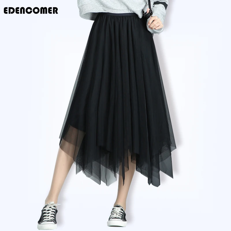 

Four Seasons Temperament Mesh Gauze Skirts 2019 Spring Summer Autumn Winter Asymmetrical Solid Color Thin Black Pleated Skirt