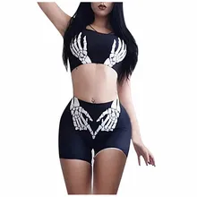 Женский спортивный костюм, спортивный костюм, женский комплект из двух предметов, Женский Топ без рукавов с принтом на Хэллоуин, обтягивающие шорты, Темный Комплект#3