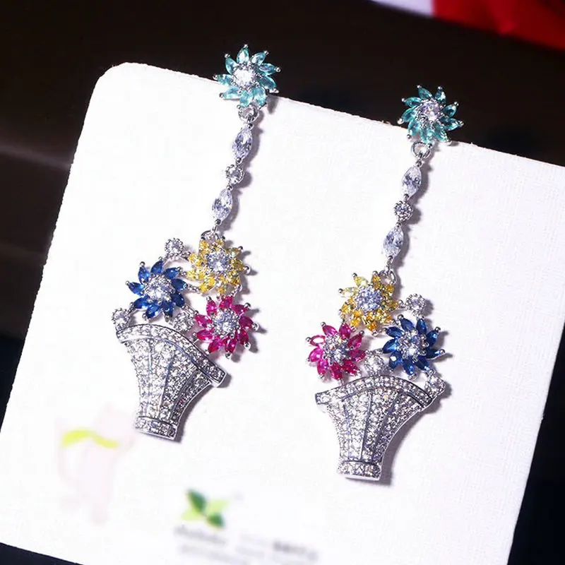 

1pair Colorful CZ Basket Flower Shaped Earring Drop Dangle Luxury Earrings Drop Fashion Jewelry for Woman Gift