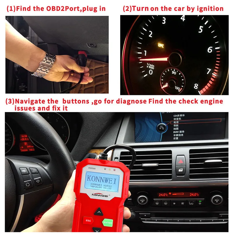 Vehemo OBD2 считыватель кодов для KONNWEI KW590 диагностики автомобиля проверка двигателя автомобиля диагностический сканер живой дисплей данных