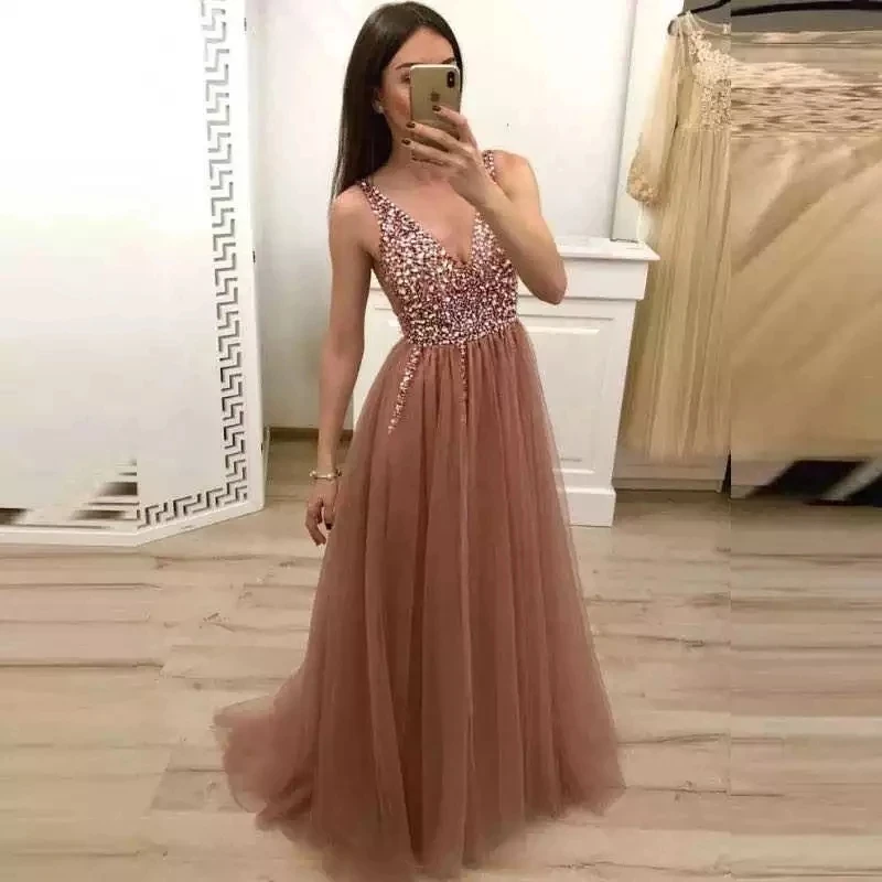 

ANGELSBRIDEP 2 STORE V-Neck Long Evening Party Dress Vestidos De Festa Sparkly Crystals Floor-Length Special Occsion Prom Dress