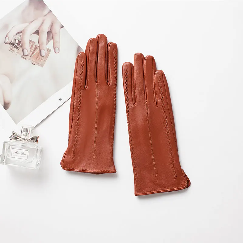 Новинка, женские перчатки из козьей кожи, зимние, бархатные, теплые, для вождения, против ветра, тонкие, стильные, из натуральной кожи, женские перчатки K860A - Цвет: red brown