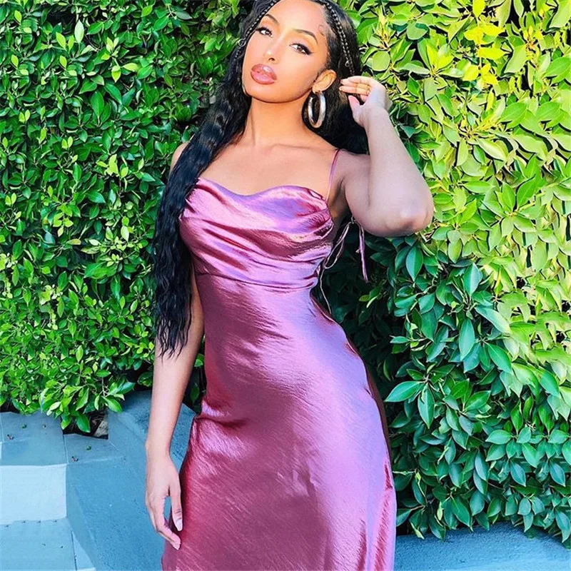 Asymmetrical Dress Satin-Straps Backless Julissa Mo Metallic Elegant Female Women Summer