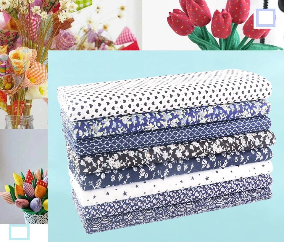 Teramila Grid Pattern Navy Blue Floral Plain Cotton Printed Patchwork Cloth Fabric for Art Sewing DIY Handmade Crafts Needlework