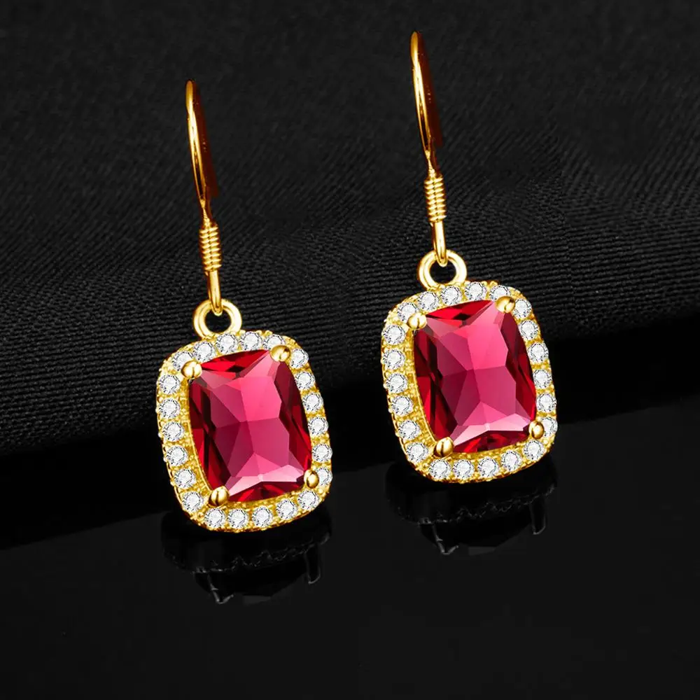 

Drop Earrings For Women 14k Gold Jewelry Elegant Trendy Rectangle Red Ruby With Zircon Gemstone silver 925 Jewelry Wedding Gift