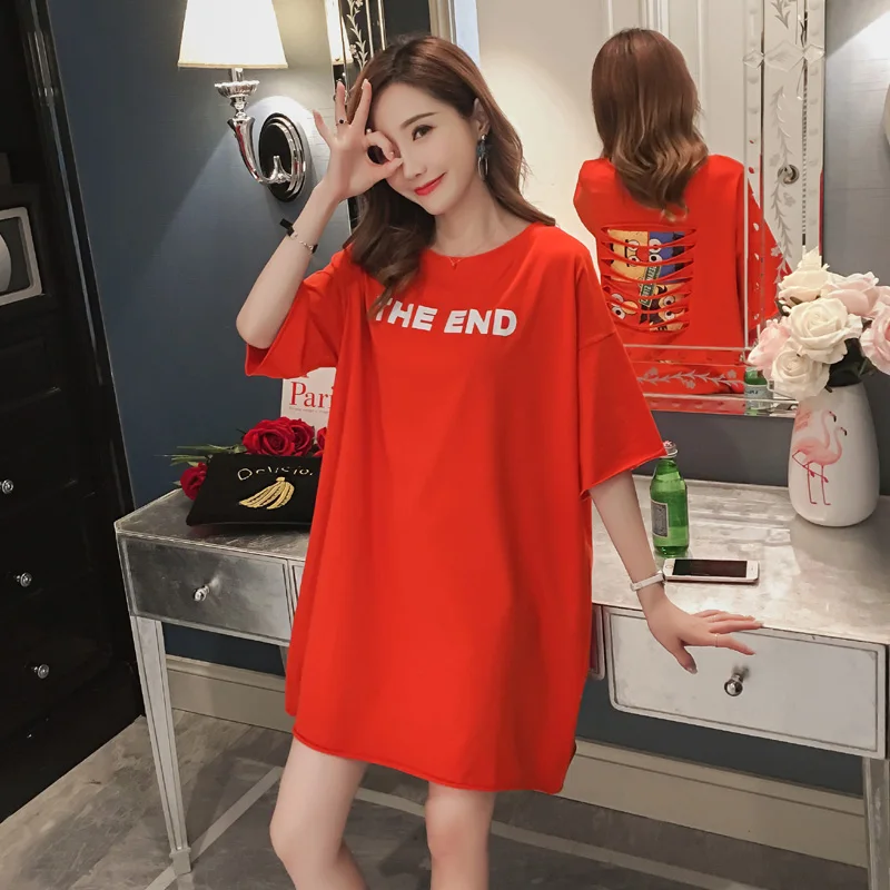 2020 loose large size T-shirt in the long section of cotton women's summer hole patch cartoon print short-sleeved skirt | Женская