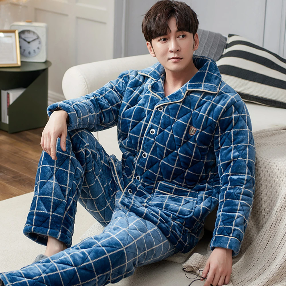 mens fleece pajama pants Flannel Men's Winter Pajamas Thick 3-layer Cotton Warm Pajama Sets Casual Plaid Pijama Trendyol Home Wear Cozy Soft Loungewear mens pjs set Men's Sleep & Lounge