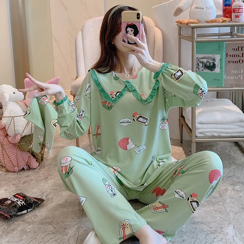 Pajamas Women's Cartoon Printed Lapel Nightshirt Set Long Sleeve Autumn and Winter Home Two-piece Sleepwear Lounge Wear