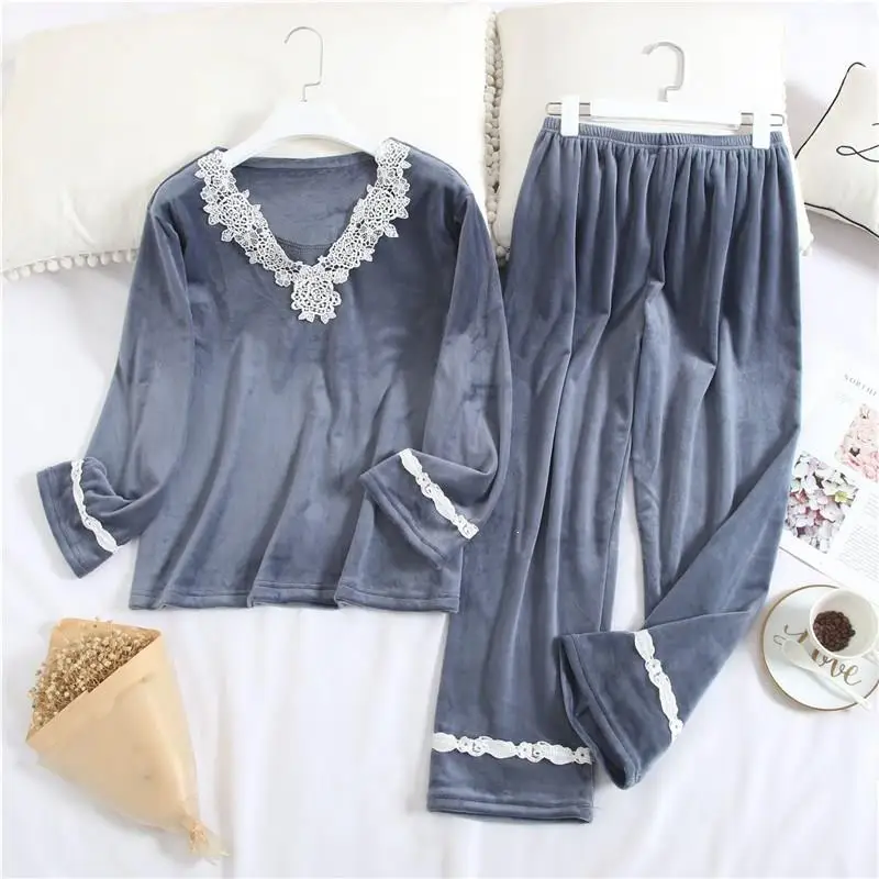 Autumn Winter Women Pyjamas Sets Warm Coral Flannel Nightgown Female Patchwork Lace Sleepwear Suit