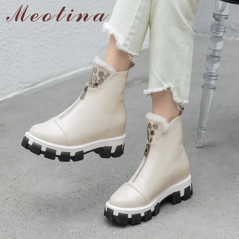 

Meotina Natural Genuine Leather Real Wool Block Heels Ankle Boots Women Snow Boots Warm Zipper Shoes Ladies Winter Plus Size 43