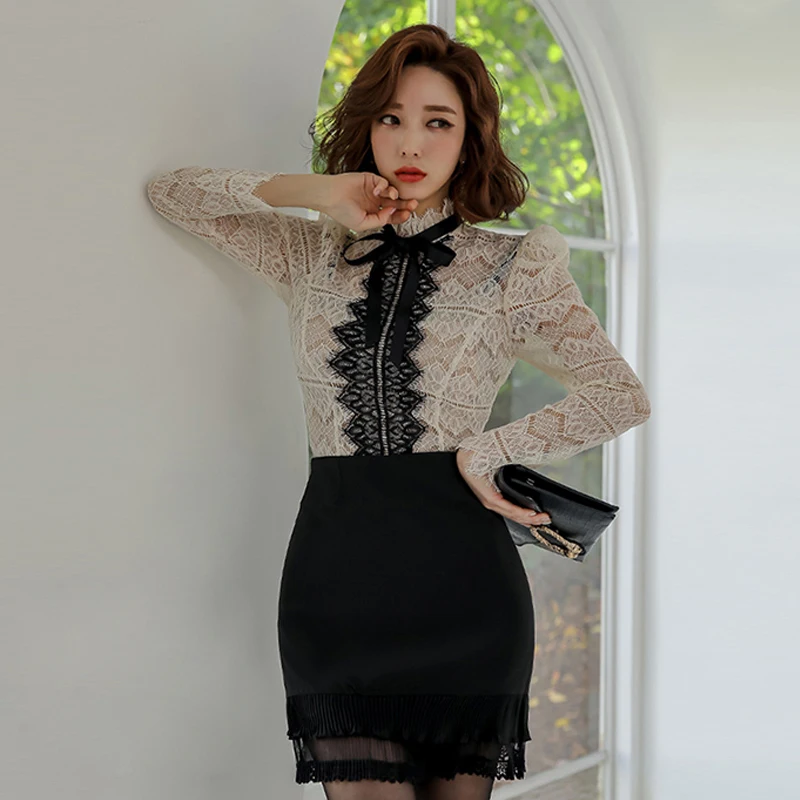 

2020 Spring Women's Spring OL 2 Pieces Suits Lace Fashion Business Stitching Sexy Mesh Sheath Bodycon Pencil Skirt Work Set