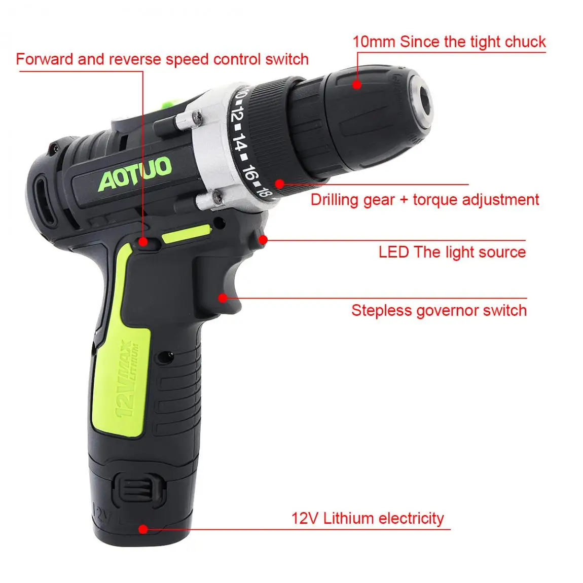 AOTUO Electric Screwdriver AC 100- 240V Cordless 12V Electric Drill with Li-ion Battery for Handling Screws / Punching