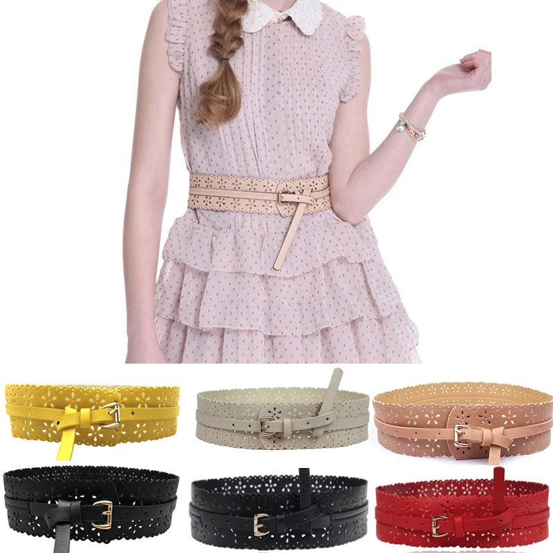 

Womens Fashion Women Belt PU Leather Lady Hollow Flower Wide Waist Wide Waistband Bind Wide Belts Dress Adornment