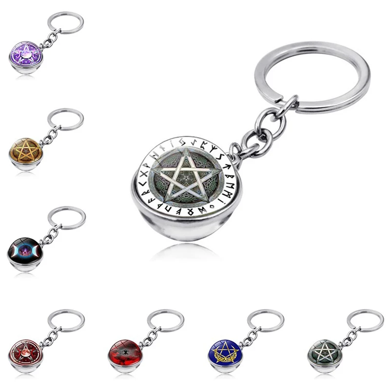Pentagram Magic Array Keychain Pendant Triple Moon Goddess Double Side Glass Ball Holder Key Ring Women Gifts | Украшения и