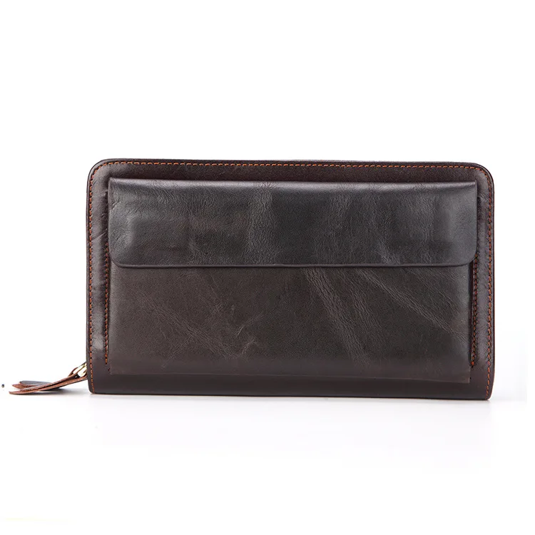 

Supply of Goods Leather Wallet Long Multi-functional Phone Bag Oil Wax Cowhide Double Zipper Bag