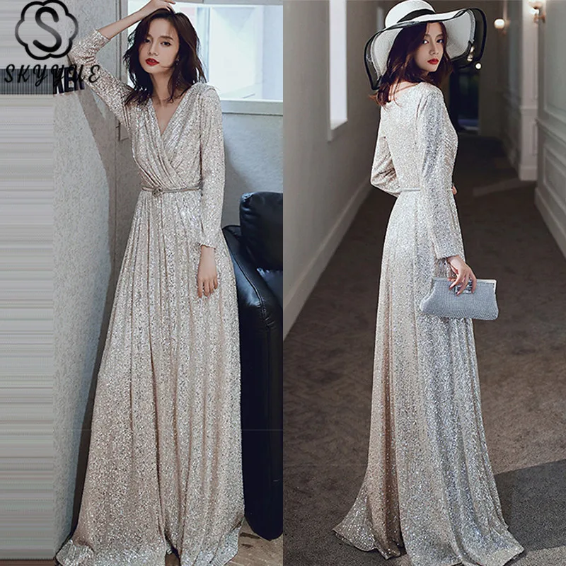 

Skyyue A-Line Evening Dresses Long Sleeve Solid V-Neck Evening Dress 2020 Sequined Elegant Floor-Length Robe De Soiree K027