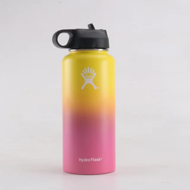 Yellow Pink Бутылка для воды из нержавеющей стали, бутылка для воды с вакуумной изоляцией, переносная термобутылка с широким горлом для путешествий, 32 унции/40 унций - Цвет: Yellow Pink