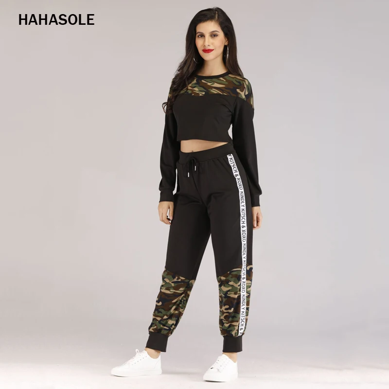 

HAHASOLE Ladies Camouflage Patchwork Super Elastic Yoga Clothes Tether Sunscreen Pants+Loose Round Neck Sweater HWA 4434