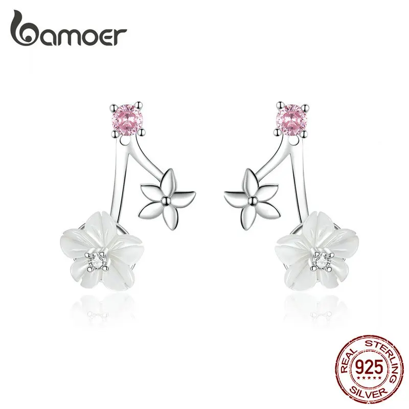 

bamoer White Pure Shell Flower Stud Earrings for Women Authentic 925 Sterling Silver Flower Korean Style Jewelry BSE218