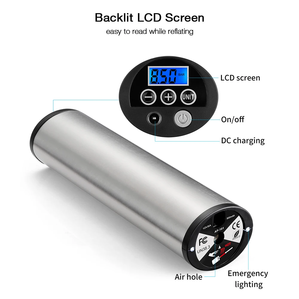 AP - 101 Mini Electric Inflator with Tyre Pressure Gauge LED Light