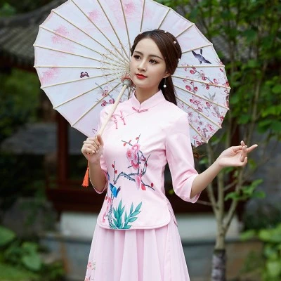 SHENG COOC рубашка китайская женщина желтый Cheongsam топы Magpie печать костюм в китайском стиле Осень - Цвет: pink chinese shirt
