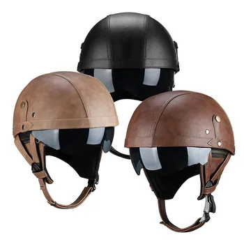 

Motorcycle Motorbike Scooter Retro Half Open Face Vintage Helmet Visor Goggle Cruise Safety Hat PU Leather