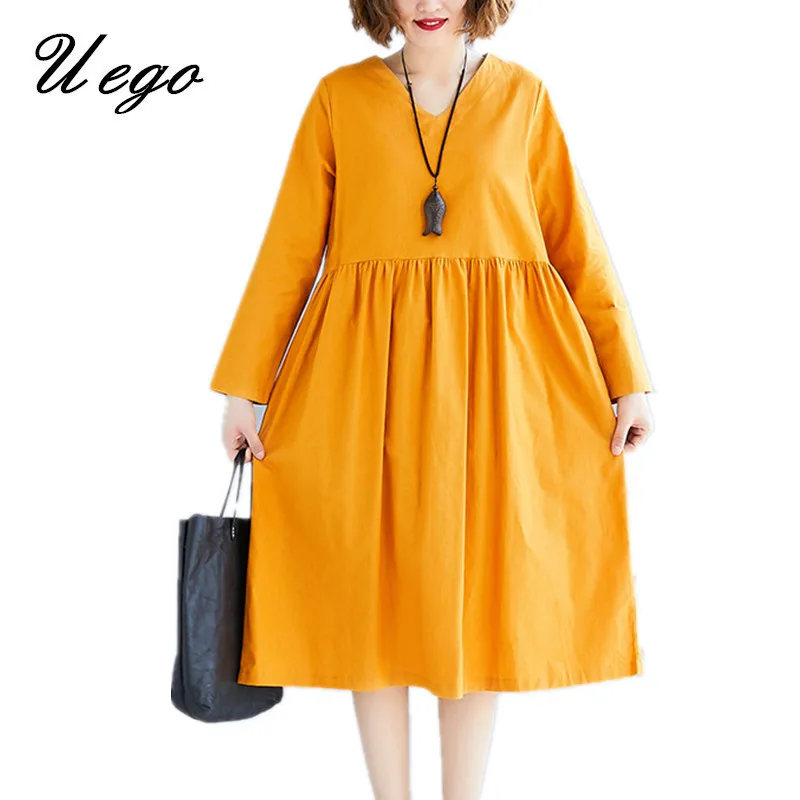 

Uego 2019 New Arrival Long Sleeve Autumn Dress Cotton Linen V-neck Loose Vintage Dress Plus Size Women Casual Midi Dress Robes