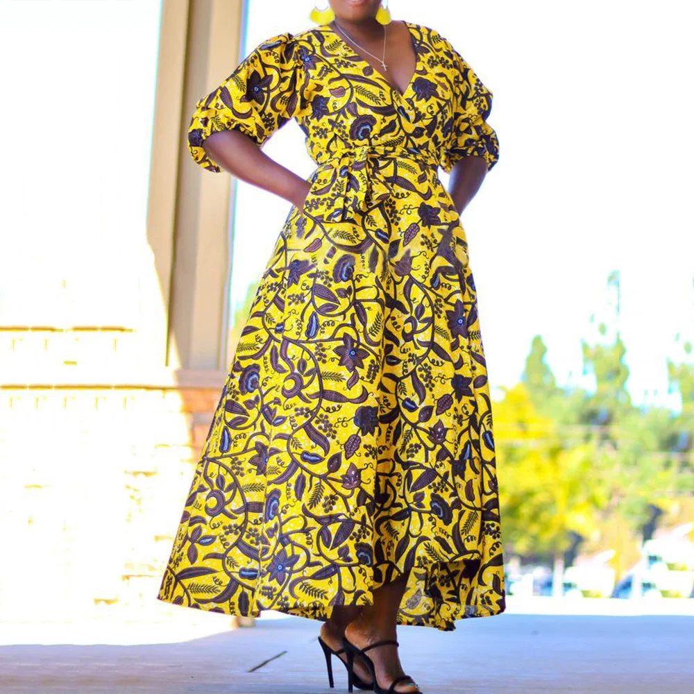 

African Women A Line Printed Dress Summer Beach Boho Lady Lace Up Long Dresses Robe 2020 Lantern Sleeve Female Maxi Vestidos